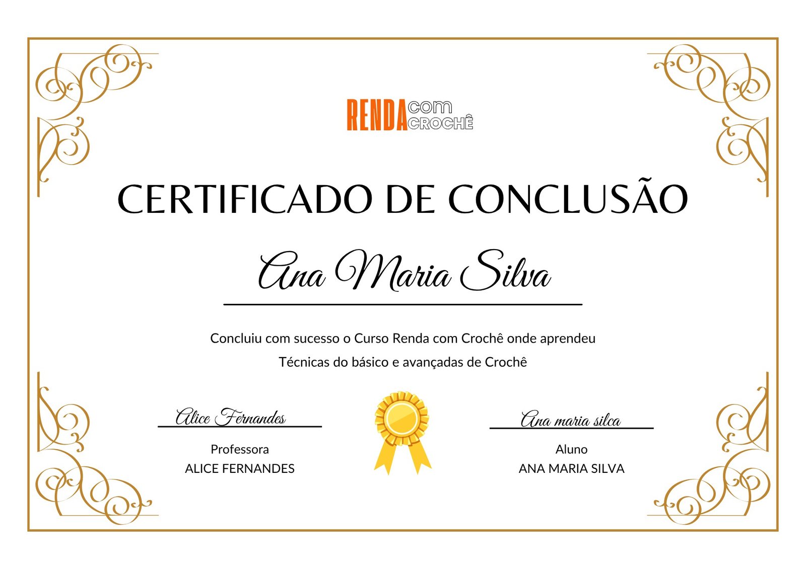Exemplo de certificado de conclusão do Curso Renda com Crochê